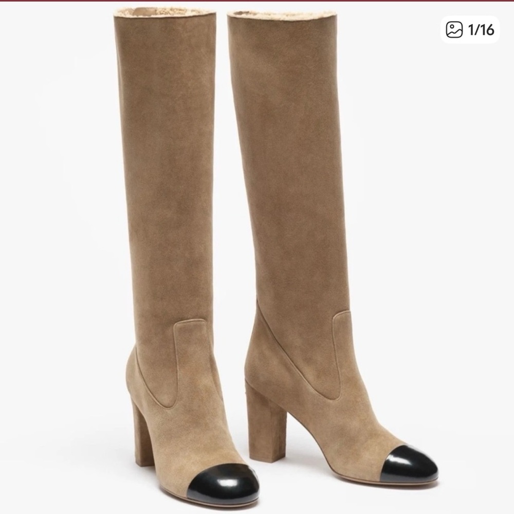 CHANEL Tan and Black Over the Knee Boots